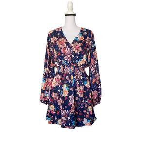 New Haute Hippie Silk Split Back Wrap Mini Dress Navy Floral Sz M Long Sleeve